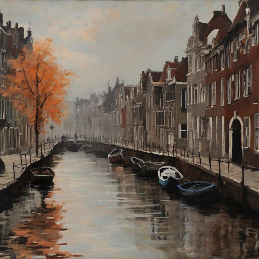 Χαρακτηριστικό έργο σύγχρονων καλλιτεχνών και νέες τεχνικές ζωγραφικής σε αστική τοποθεσία με κανάλι και πορτοκαλί δέντρα.